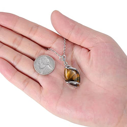 Jovivi Amethyst Rose Quartz Stone Necklace for Women Men, Full Wire Wrapped Natural Gemstone Reiki Healing Crystal Pendant Jewelry - color: Tiger Eye Crystal