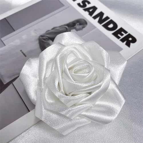 Satin Rose Flower Large Brooch Lapel Pins Handmade Fabric Flower Brooches Pin Classic for Wedding Party Dance Banquet for Women Men Dress Suit Clothes Accessories JewelryGifts 110mm - color: White