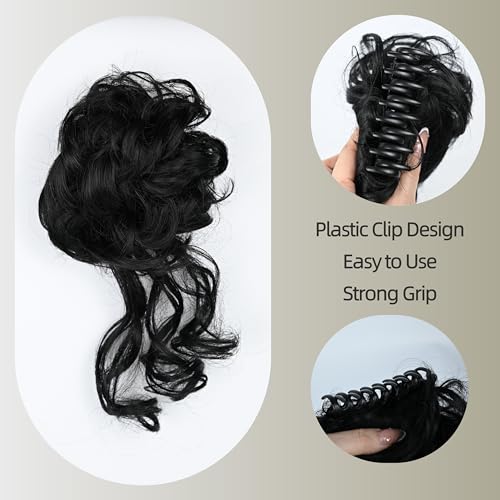Black Messy Bun Hair Clips with Hair Attached Curly Ponytail Extension Easy Updo Hair Piece for Ladies - color: Natural Black