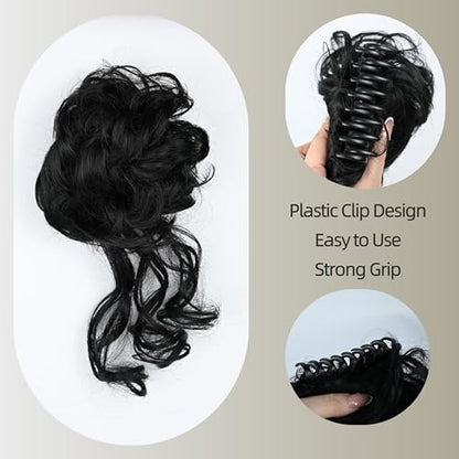 Black Messy Bun Hair Clips with Hair Attached Curly Ponytail Extension Easy Updo Hair Piece for Ladies - color: Natural Black