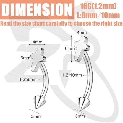 ZS 2 Pairs Stainless Steel Eyebrow Rings, 16G Curved Belly Rings Navel Barbell Helix Daith Tragus Earrings, 8/10mm Spike Vertical Labret Lip Piercing Jewelry - color: Silver,Cross-L:8/10mm