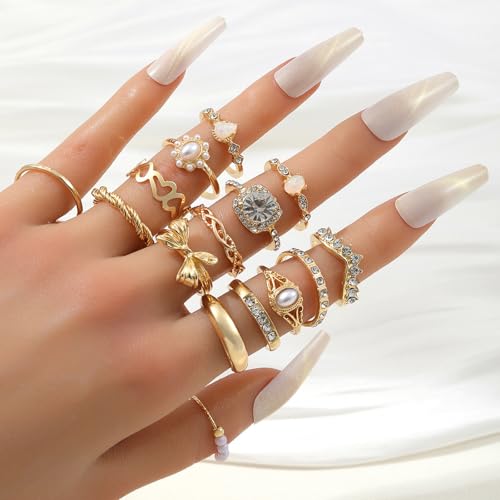 Gold Stackable Ring Set for Women, Dainty Fashion Rings Set with Pearl, Crystal, Heart, Bow and Wave Design, Trendy Midi Finger Rings Jewelry Gift - color: A1