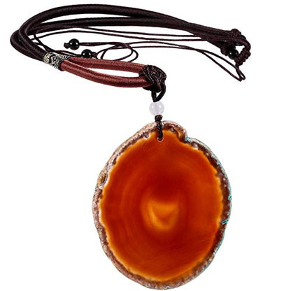 SUNYIK Natural Agate Slice Pendant Necklace for Women Men | Irregular Agate Slice Druzy Geode Pendant Necklace, Adjustable Nylon Rope 17"-29", Boho Healing Crystal Jewelry for Unisex - color: Red
