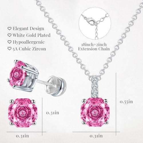 Rose Cut Silver Solitaire Necklace and Earring Set for Women, Jewelry Gift | Rose Cut, Cubic Zirconia, Necklace and Stud Earrings Set, Jewelry Set, Minimalist - color: Pink
