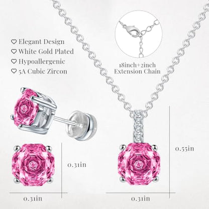 Rose Cut Silver Solitaire Necklace and Earring Set for Women, Jewelry Gift | Rose Cut, Cubic Zirconia, Necklace and Stud Earrings Set, Jewelry Set, Minimalist - color: Pink