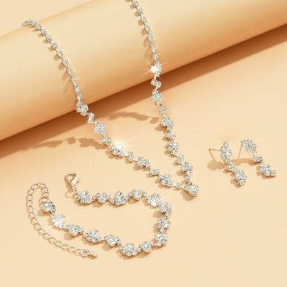 Prom Earrings Necklace Bracelet Set Elegant Crystal Rhinestone Necklace Earrings Bracelet Bridal Wedding Prom Dresses Costume Outfit Gold Jewelry Sets for Women - color: Silver