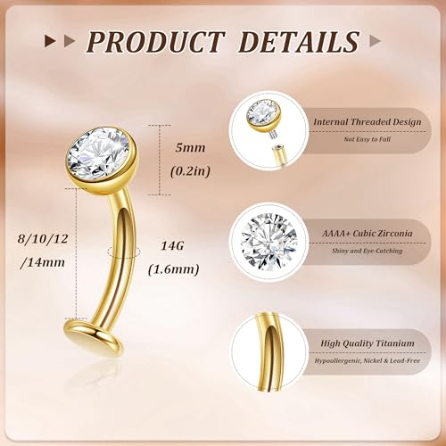 NICEIGHT 14G F136 Pure Titanium Floating Belly Button Rings for Women Petite Flat Back CZ Belly Rings Opal Barbell Heart Curved Navel Ring Internally Threaded Belly Piercing Jewelry 8/10/12/14mm - color: Gold-Round CZ, size: 14mm (Longer)