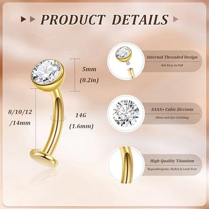 NICEIGHT 14G F136 Pure Titanium Floating Belly Button Rings for Women Petite Flat Back CZ Belly Rings Opal Barbell Heart Curved Navel Ring Internally Threaded Belly Piercing Jewelry 8/10/12/14mm - color: Gold-Round CZ, size: 10mm (Standard Size)