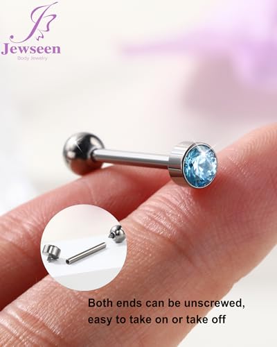 Jewseen ASTM F136 Hypoallergenic Titanium Super Light Tongue Ring Cute Crystal Internally Threaded 14G 16mm Piercing Jewelry-TIMELESS COLLECTION - color: Shallow Sea blue