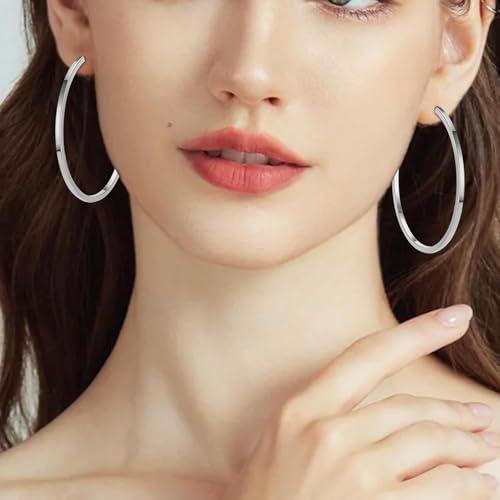 Clip On Hoop Earrings For Women No Piercing Earrrings Spring Hoops for Non-Pierced Ears - color: 5cm/1.97"-silver