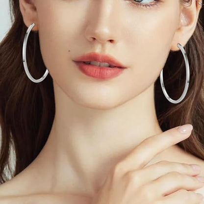 Clip On Hoop Earrings For Women No Piercing Earrrings Spring Hoops for Non-Pierced Ears - color: 5cm/1.97"-silver