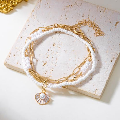 Boho Shell Ankle Bracelet Set for Women Gold Plated Adjustable Anklet Beach Inspired Foot Jewelry with Starfish & Pearl Charms - color: D