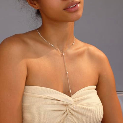 Gold Necklace for Women, Dainty Long Necklace 14k Gold Plated Lariat Long Necklaces for Women Trendy Simple Statement Drop Necklace Fashion Body Chain Prom Jewelry Gold Accessories - color: 4-Gold
