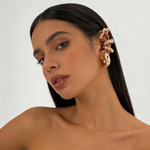 4pcs Chunky Gold Silver Ear Cuff Set for Women Punk Metallic Twist Non Piercing Clip Cuff Earrings Trendy Jewelry Set for Daily Party - style: style F