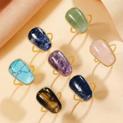 OIDIMS Gemstone Statement Ring for Women Gold-Tone Stainless Steel Natural Stone Rose Quartz Aventurine Turquoise Adjustable Open Band Stacking Finger Rings Boho Cocktail Wedding Party Jewelry - color: Lapis Lazuli