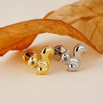 FINE4U Cartilage Christmas Piercing Jewelry 16G 6mm 8mm - ASTM F136 Titanium, Flat Back Labret Stud for Helix Flat Lobe, Elk Minimalist Earring, Squirrel Earrings - color: Squirrel - Gold