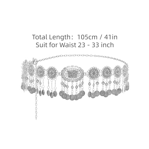 CHIC DIARY Metal Chain Belt for Women Coin Belly Link Tassel Belt for Dress | Boho Style Coin Pendant Tassel Belt Gold/Silver Adjustable Concho Belly Dance Belts for Dresses Skirts Jeans - color: Silver-dance