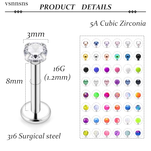 Vsnnsns 48PCS 16G Lip Rings Stainless Steel Tragus Helix Conch Piercing Jewelry Snake Bite Piercing Monroe Lip Rings Labret Medusa Cartilage Lobe Earrings Studs Piercing Jewelry 6MM 8MM 10MM Silver - color: 8MM-Mix Color