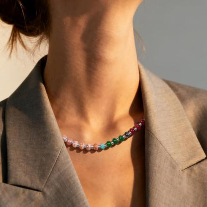 Colorful Beaded Choker Necklaces for Women | Large Natural Stone Bead, Boho Beach Necklace, Trendy Jewelry Gifts, 4 Style, 16+3 in - color: 02-Colorful-Red