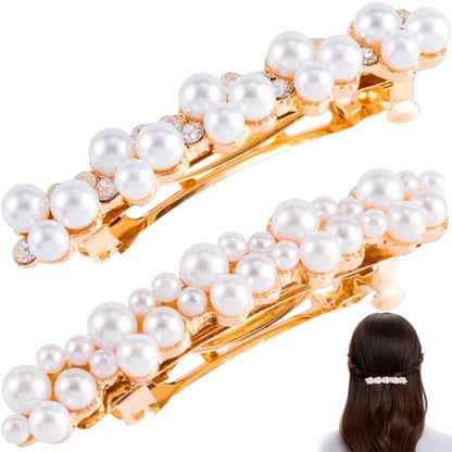 2 Pcs Pearl Hair Clips, Pearl-Embellished Barrette, Elegant Rhinestone Pearls Barrettes for Women, Party, Wedding, Daily Use, Graduation (Gold) - color: Pearl - Style A+B