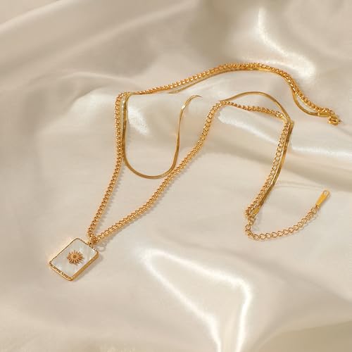 CTRLZTEAM Layered Necklaces for Women Gold Silver Snake Chain Pendant - style: Double Layer Square Shell Necklace - Gold