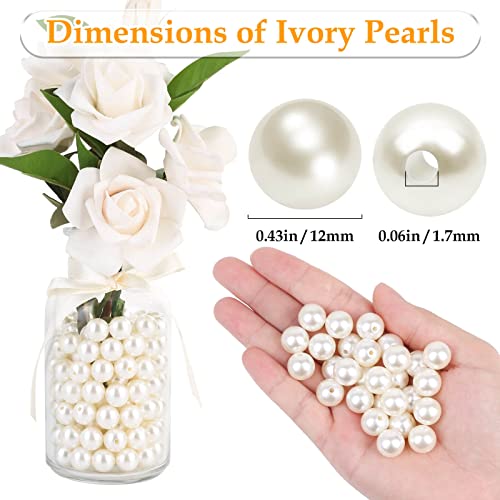 Pearl Beads for Craft, Anezus 200pcs Ivory Faux Fake Pearls, 12 MM Sew on Pearl Beads with Holes for Jewelry Making, Bracelets, Necklaces, Hairs, Crafts, Decoration and Vase Filler - size: 12 MM