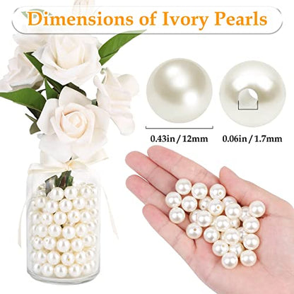 Pearl Beads for Craft, Anezus 200pcs Ivory Faux Fake Pearls, 12 MM Sew on Pearl Beads with Holes for Jewelry Making, Bracelets, Necklaces, Hairs, Crafts, Decoration and Vase Filler - size: 12 MM