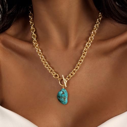 IMBOS 14K Gold Plated Chunky Chain Choker Necklaces for Women Chunky Gold Necklace Tennis Necklace for Women CZ Love Chain Cuban Link Choker Jewelry Gifts - color: Gold-Turquoise Necklace