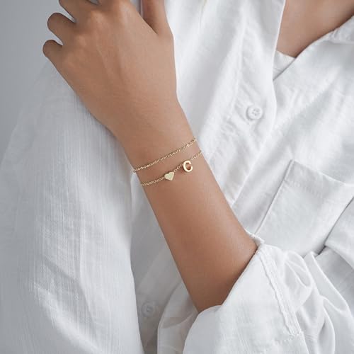 Gold Initial Bracelets for Women Trendy, Dainty Layered 14K Gold Plated Heart Letter Charm Bracelets, letter beads for name bracelets Jewelry Gifts - color: Gold-C