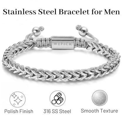 18K Gold-Plated Bracelets for Men Franco Link Chain Adjustable | Stainless Steel Bracelet, Gold Beads Bracelet, Handcrafted Braided, Mens Jewelry Birthday Gift for Men - color: Silver with Grey
