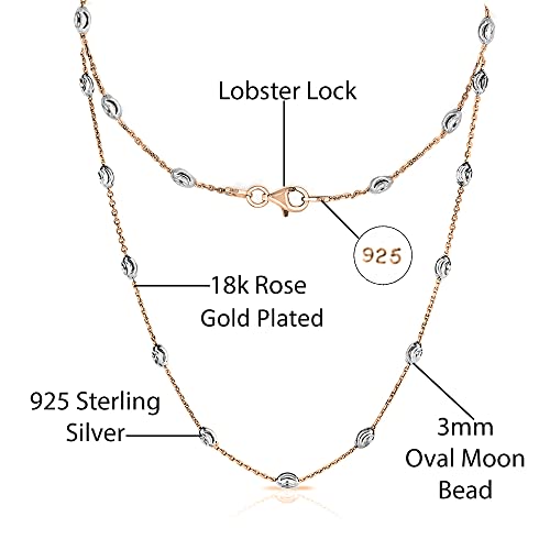 Savlano 18K Gold Plated Over 925 Sterling Silver Station Oval Moon Bead Necklace Chain For Women. Silver, Gold, Rose Gold - Made in Italy Comes With a Gift Box - style: Two Tone Rose Gold