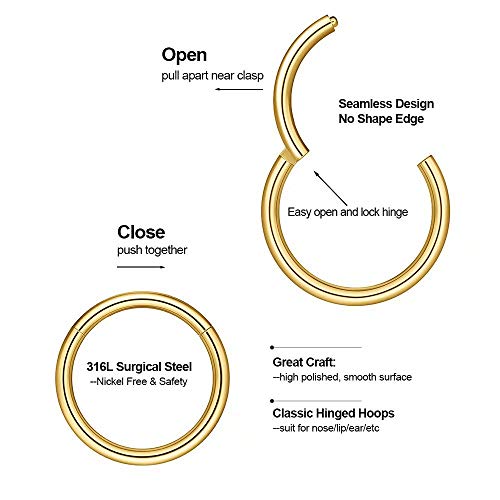 Nose Rings Hoop, 316L Surgical Steel 20G 18G 16G 14G Hypoallergenic Nose Rings Septum Cartilage Hoop Earring Conch Piercing Jewelry for Women, Diameter 5mm to 14mm, Gold, Rose Gold, Silver, Black - style: 1pcs, Gold, 16g, Diameter: 9mm