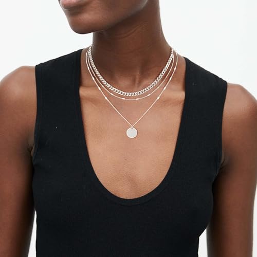Layered Gold Silver Necklaces for Women, Stackable Stack 14K Real Gold Plated Silver Chain Necklace Diamond Circle CZ Layering Pendant Necklaces Trendy Gold Jewelry Set Gifts - color: silver, style: 3PC-Coin