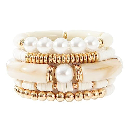 GOOJIDS Simple Beaded Gold Plated Bangles Bracelet Chunky Bamboo Tube Curved Stacking Clear Acrylic Colorful Beads Stretchable Gold Plated Bracelets Set For Women - color: A-A2 White Set