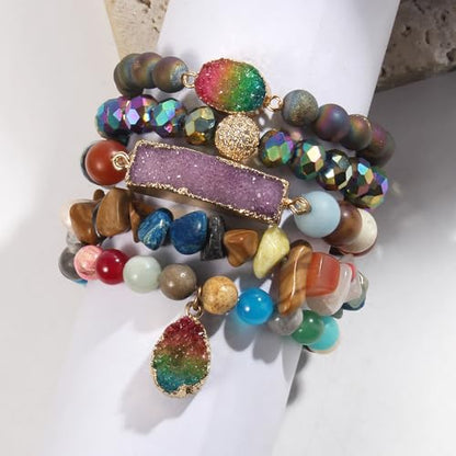 Yomisa 5PCS 6PCS Natural Boho Beaded Bracelets/Bangle for Women Men,Healing Turquoise Jasper Agate Crystal Gemstone Stone Chakra Multilayer Wrap Bohemian Handmade Jewelry Beads Stretch Bracelet Set - color: 5PCS-Colorful