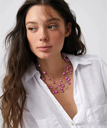 FULU AUTUMN Layered Pearl Necklace Multi-strand Pearl Choker Necklaces for Women Beaded jewelry for Wedding Parties - color: Hot pink