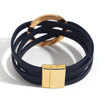 hotoo Circle Charm Bracelets for Women Handmade Leather Wrap Bracelets for Couples Friendship Bracelet Bohemian Cuff Bangle Boho Jewelry Gift - color: New Deep Blue