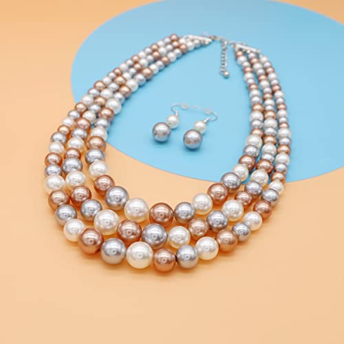 Chunky Layered Imitation Pearl Necklace for Women 3 strand Pearl Necklaces Faux Pearl Necklace Earrings Set 1920s Flapper Gatsby Costume Accessories - color: 3 strand pearl necklace champagne grey white