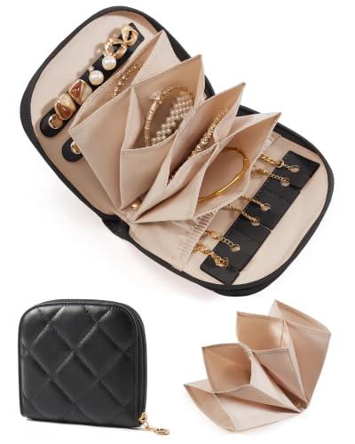 BAGSMART Travel Jewelry Case, Leather Zip for Rings Necklaces | Removable inner pocket, 3 tangle-free clips, 1 elastic pocket, 2 leather snap straps for rings/earrings - color: 2-Black, size: Small