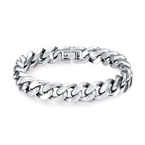 Mens Bracelet-Stainless Steel Fold Over Clasp Cuban Chain-Bracelets for Men - color: E-Silver