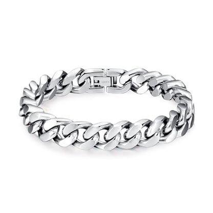 Mens Bracelet-Stainless Steel Fold Over Clasp Cuban Chain-Bracelets for Men - color: E-Silver