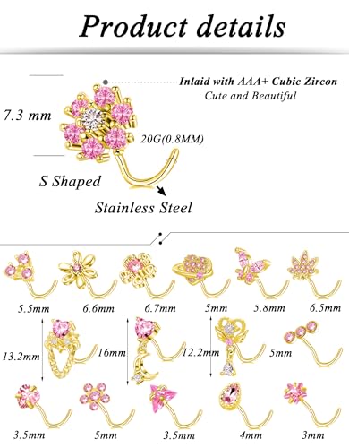 Tornito 16Pcs Nose Rings L Shaped Nose Stud Stainless Steel Butterfly Flower Leaf Heart Moon Dangle Nose Stud Ring Body Piercing Jewelry for Women Men 20G Pink Blue Clear CZ - color: F: Gold
