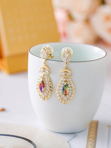 Clip On Crystal Dangle Non Pierced Earrings for Women 14K Gold Plated Jewelry - color: Nov-Citrine-Rose Gold