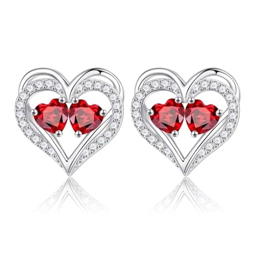 Heart Earrings for Women - Birthstone Earrings | 925 Sterling Silver, Stud Earrings, Gift Box Packaging, Anniversary Birthday Gifts for Women Wife Girlfriend Mom - color: 01-01-Jan-Jan Birthstone