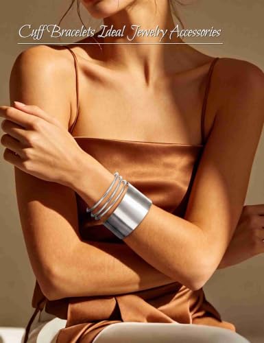 2 Pcs Gold Cuff Bangle Bracelet Set for Women Irregular Minimalist Statement Bangle Bracelets Wide Open Chunky Wire Bracelets Wrist Cuff Adjustable Hammered Bracelet - color: Silver F