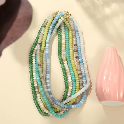 CONRAN KREMIX Colorful Stone Beaded Necklace for Women,Natural Gemstone Bead Choker Necklaces Boho Summer Beach Layering Necklace Jewelry Gift for Women - color: Light Gray