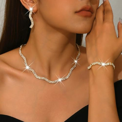 Gold Rhinestone Jewelry Set for Women Crystal Choker Necklaces Drop Earrings Adjustable Bracelet Elegant Prom Bridal Jewelry - color: Gold
