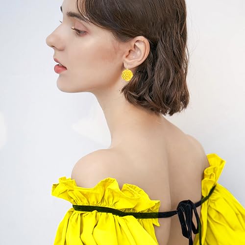 Handmade Bohemian Aesthetic Dainty Acrylic Flower Petal Leverback Earrings Sparkly 14K Gold Floral Dangle Drop Earrings for Women - color: Yellow