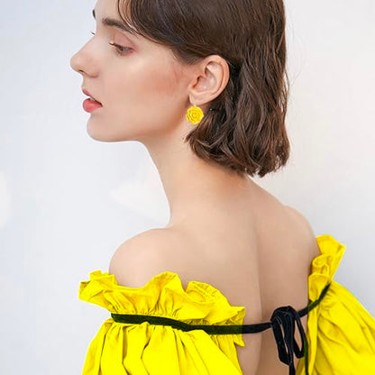 Handmade Bohemian Aesthetic Dainty Acrylic Flower Petal Leverback Earrings Sparkly 14K Gold Floral Dangle Drop Earrings for Women - color: Yellow
