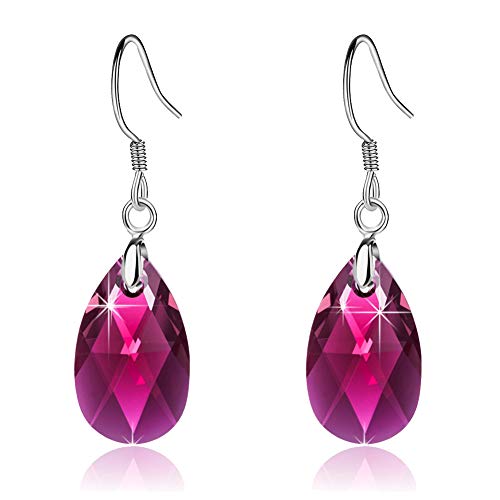 Austrian Crystal Teardrop Drop Earrings for Women, French Hook | 925 Sterling Silver Hook, Crystal Dangle Earrings, Sparkly Teardrop Stone, Lightweight Feel, Day-To-Evening Wear - color: Fuchsia